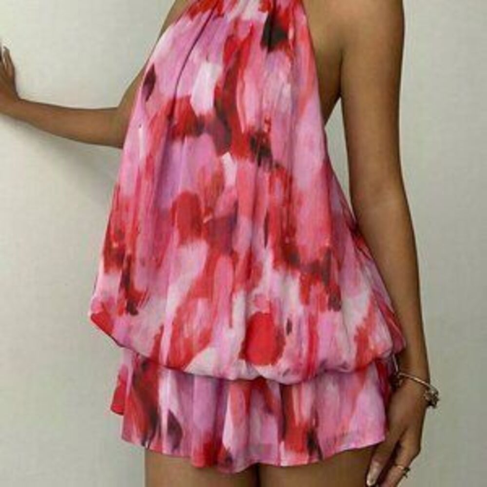 Multicolor Boho Women's Elegant Brushstroke Backless Mini Dress - Picture 4 of 5